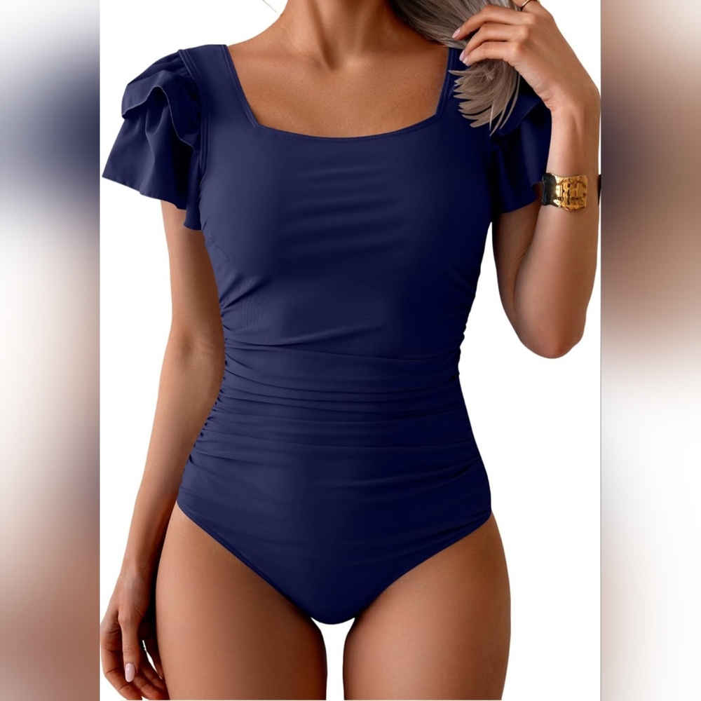 NWT! Eomenie Chic Navy One-Piece Swimsuit with Square Neck and Ruffle Sleeves